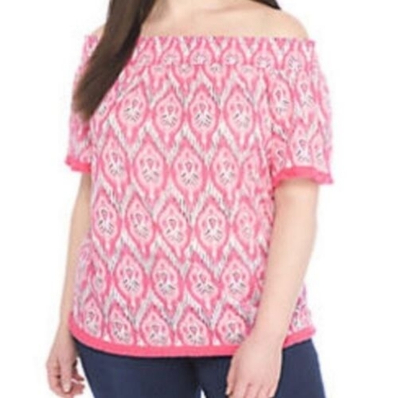 crown & ivy Tops - Crown & Ivy Modal Pink Ikat Off The Shoulder Fringe Hem Top 2X Vacation